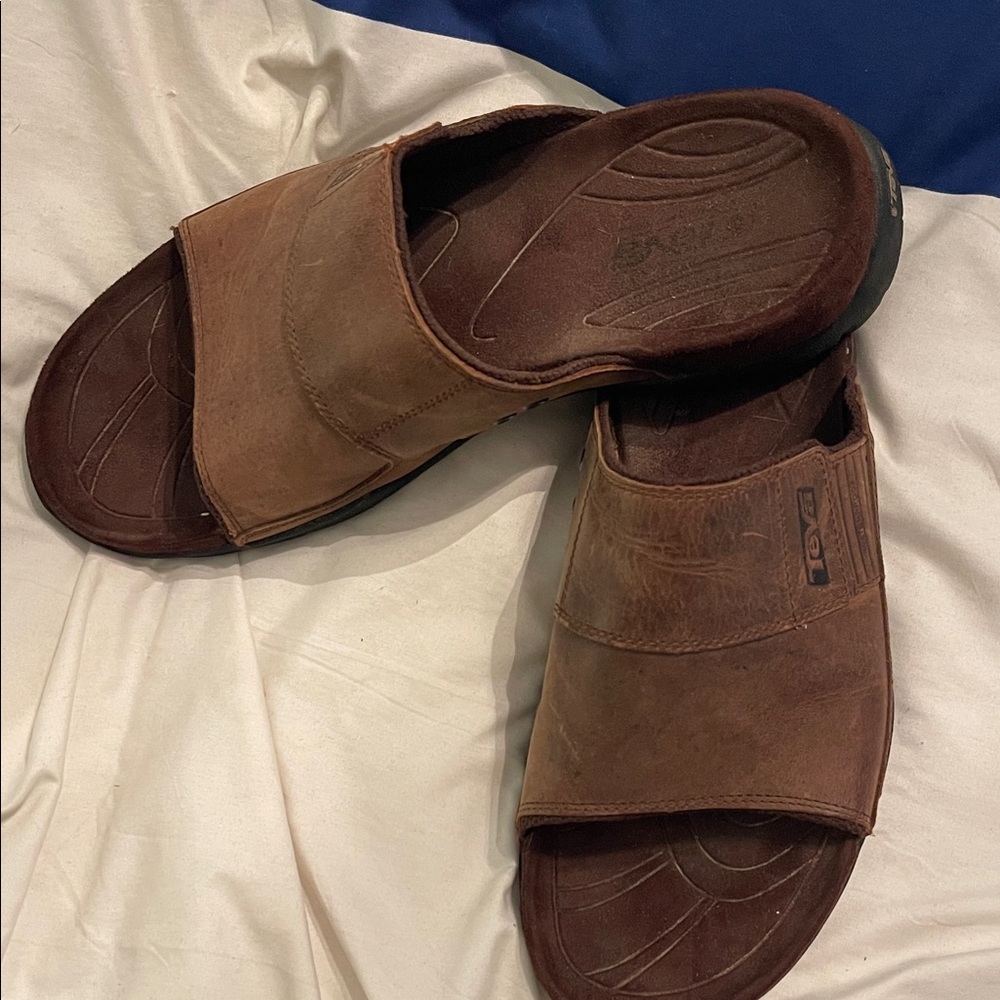 Teva Brown Leather Slide Sandals